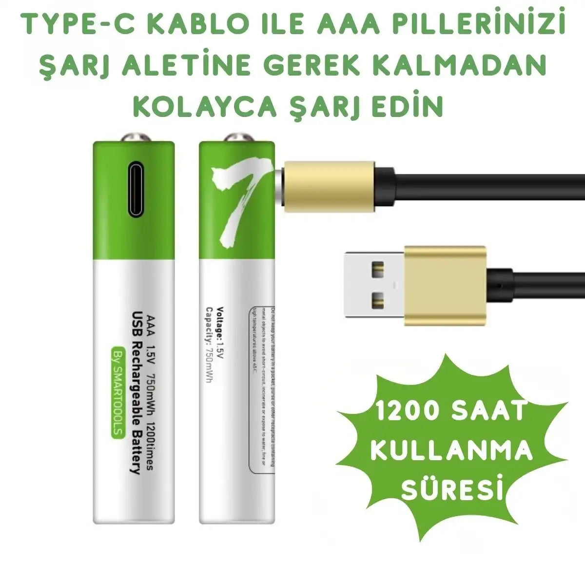 PlugCell™ Pro:Usb Type-C ile Şarjolabilen 4 Adet AAA 1.5V Lityum Şarjlı Kalem Pil 750 mAH Uzun Ömürlü