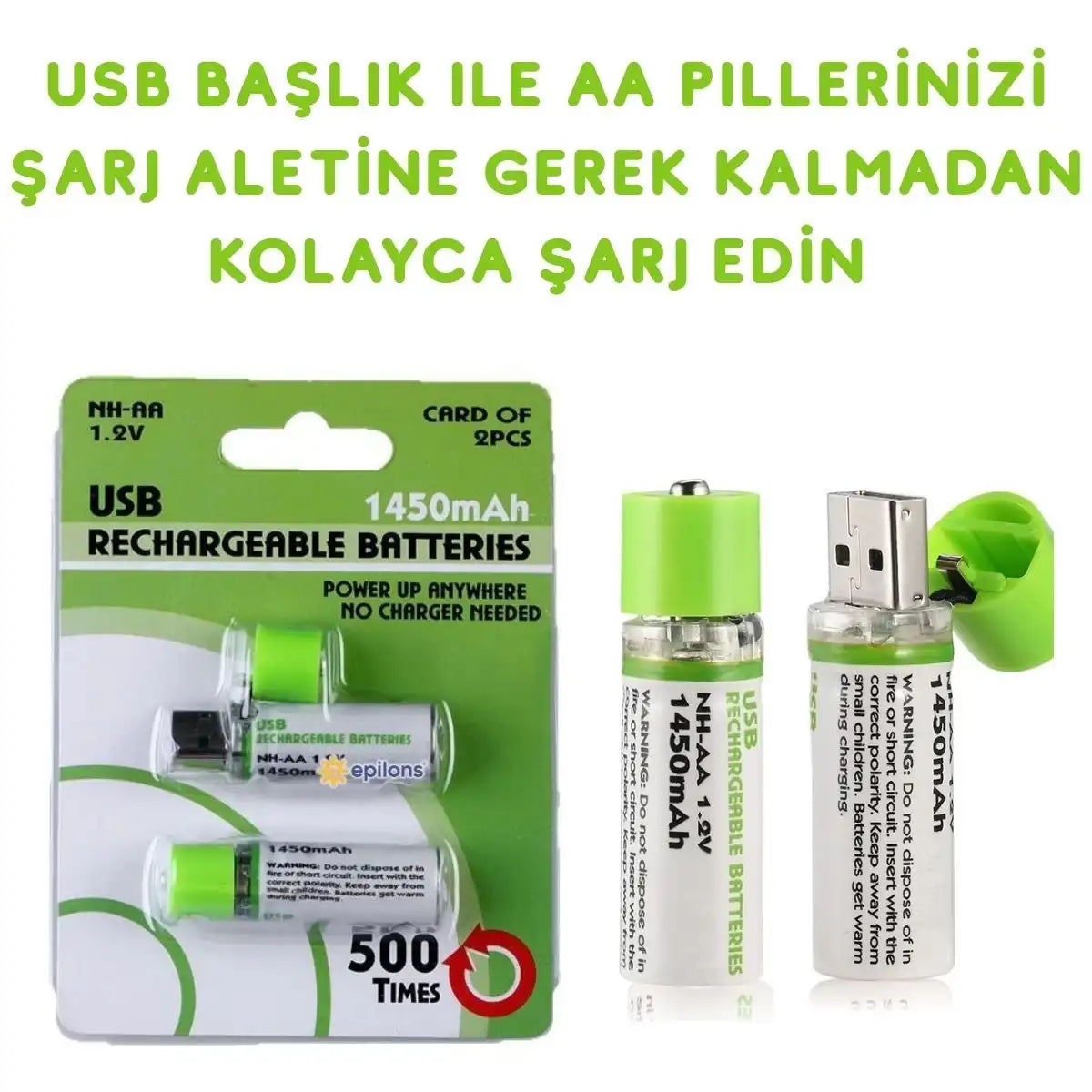 PlugCell™ Pro: 2'li USB Şarjlı AA Pil - 1450mAh Şarj Edilebilir Lityum Batarya Seti