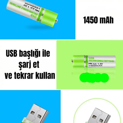 PlugCell™ Pro: 2'li USB Şarjlı AA Pil - 1450mAh Şarj Edilebilir Lityum Batarya Seti