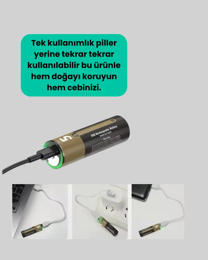 PlugCell™ Pro:1.5V AA Şarjlı Lityum Pil | 1000+ Kez Şarj Edilebilir | Hızlı Type-C Şarj (2 Adet)