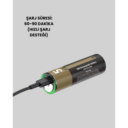 PlugCell™ Pro:1.5V AA Şarjlı Lityum Pil | 1000+ Kez Şarj Edilebilir | Hızlı Type-C Şarj (2 Adet)