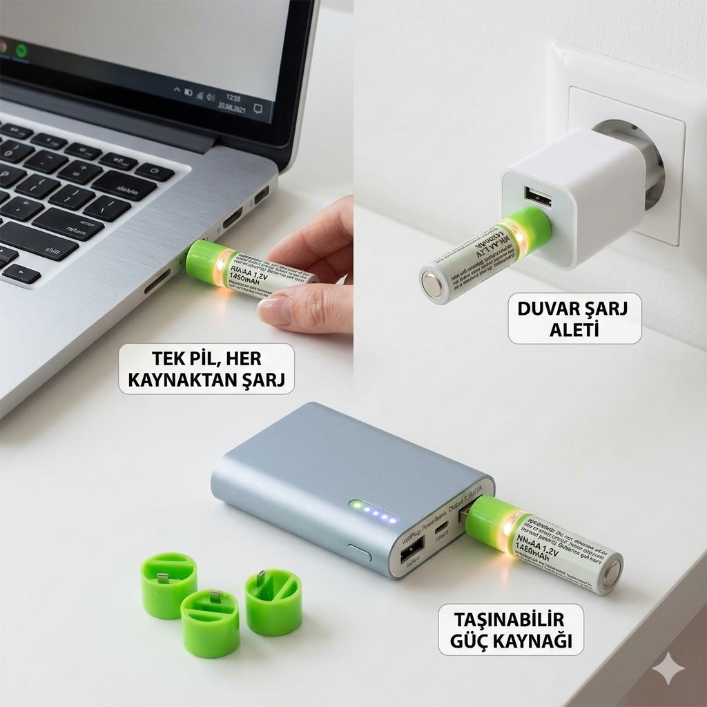 PlugCell™ Pro: 2'li USB Şarjlı AA Pil - 1450mAh Şarj Edilebilir Lityum Batarya Seti