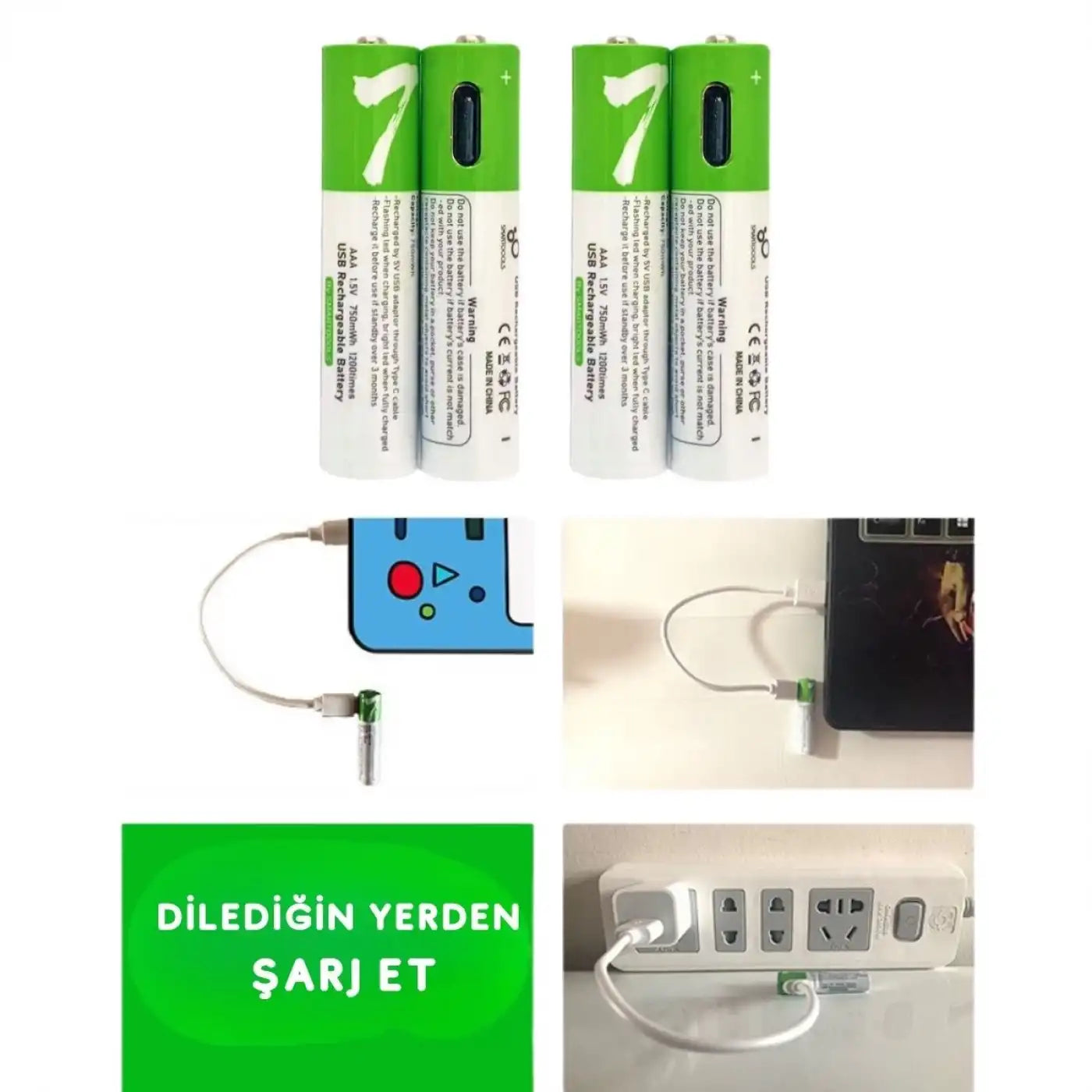 PlugCell™ Pro:Usb Type-C ile Şarjolabilen 4 Adet AAA 1.5V Lityum Şarjlı Kalem Pil 750 mAH Uzun Ömürlü