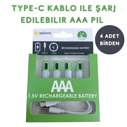 PlugCell™ Pro:Usb Type-C ile Şarjolabilen 4 Adet AAA 1.5V Lityum Şarjlı Kalem Pil 750 mAH Uzun Ömürlü